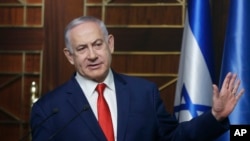 Israeli Prime Minister Benjamin Netanyahu speaks during a meeting with businessmen in Kyiv, Ukraine, Aug. 20, 2019. 